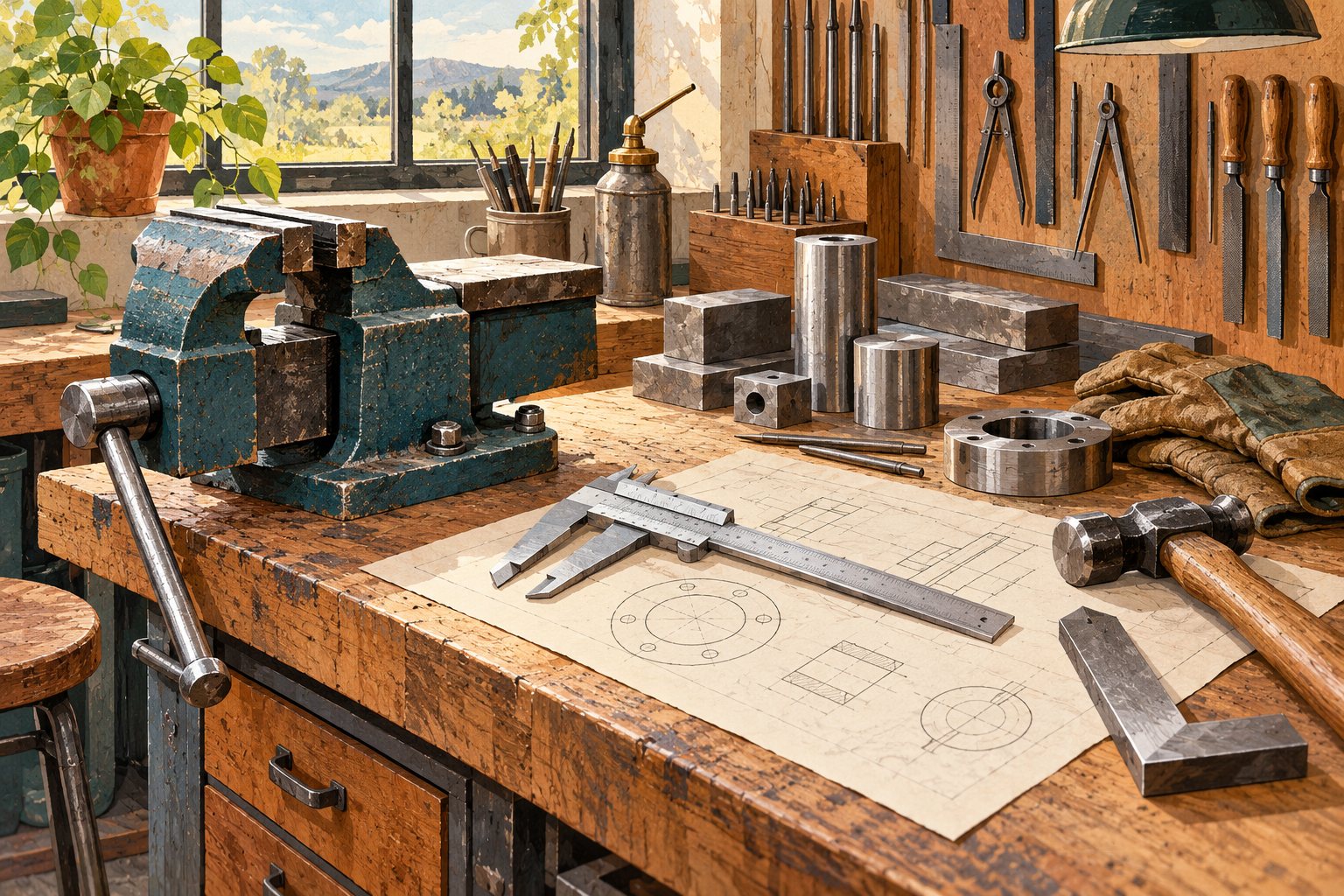 KI-Illustration einer Metallwerkstatt mit Schraubstock und Werkzeugen