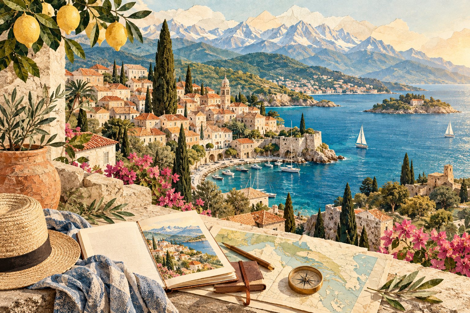 KI-Illustration einer Küstenlandschaft mit Bergen und Reisetagebuch