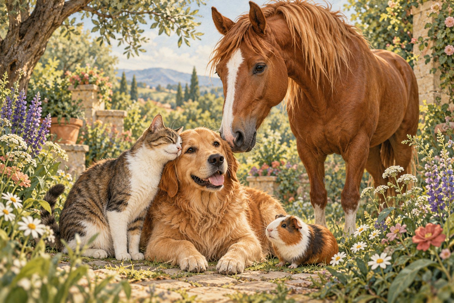 KI-Illustration: Katze, Hund, Pferd und Meerschweinchen im Garten