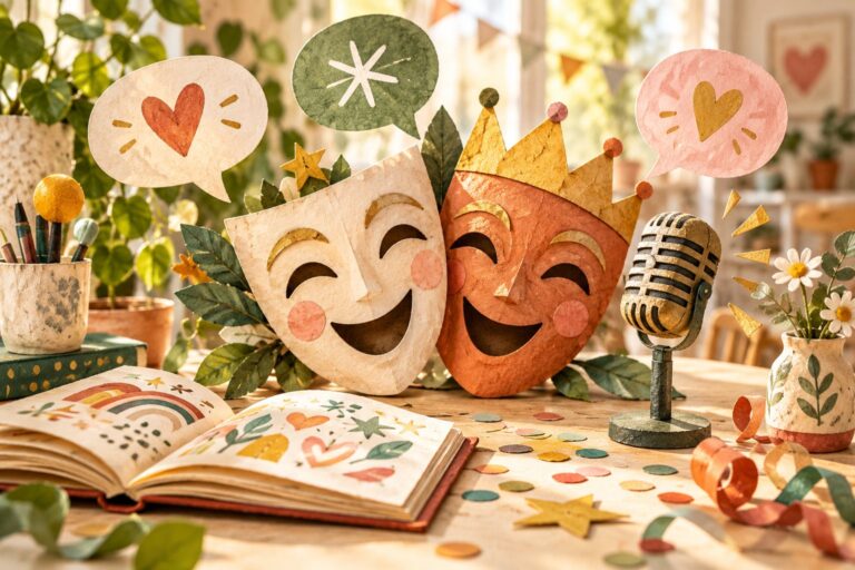 KI-Illustration: lachende Theatermasken, Mikrofon und bunte Papierdekoration